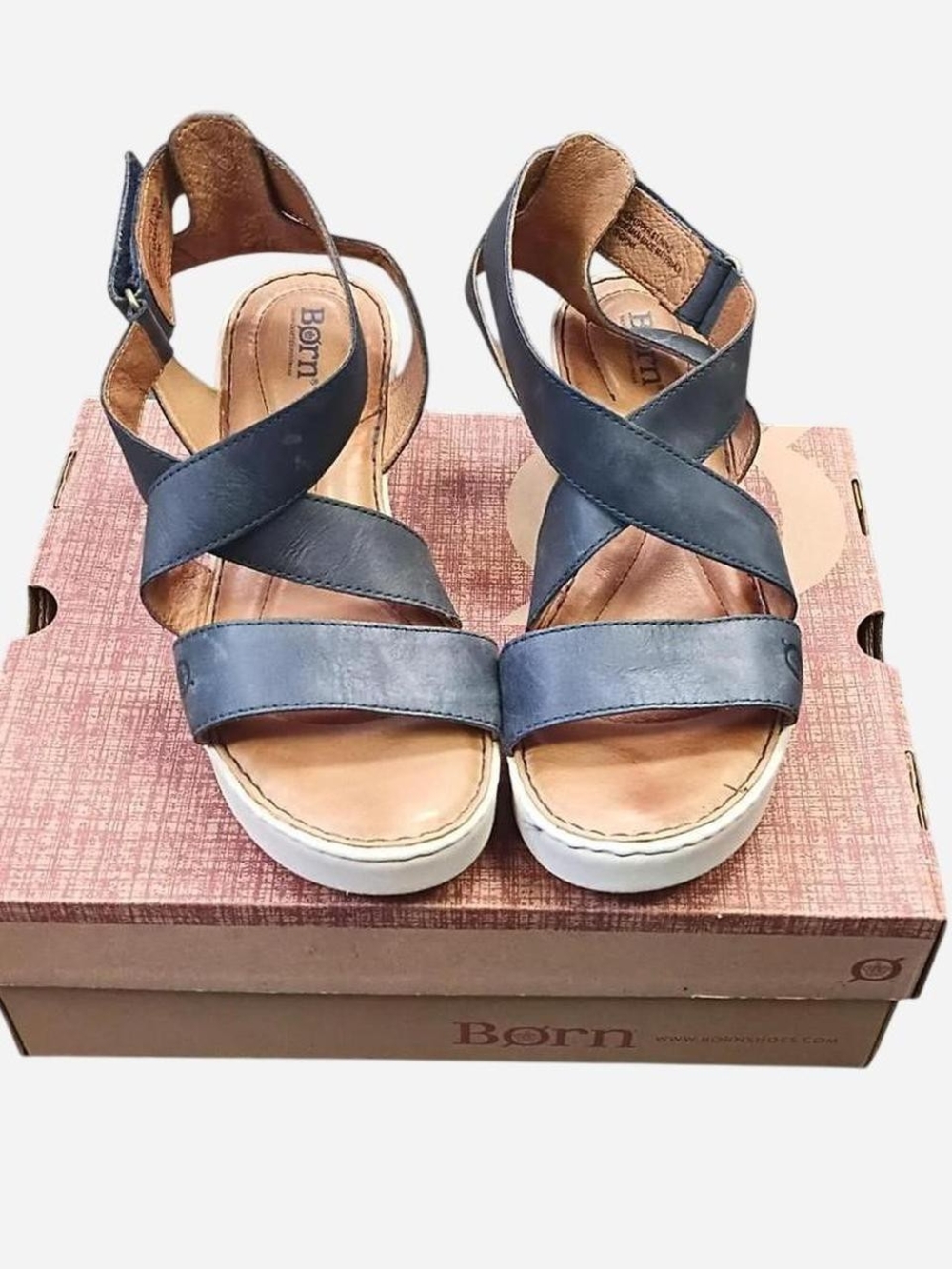 Born Womens Navy Leather Crisscross Sandals - Picture 2 of 8